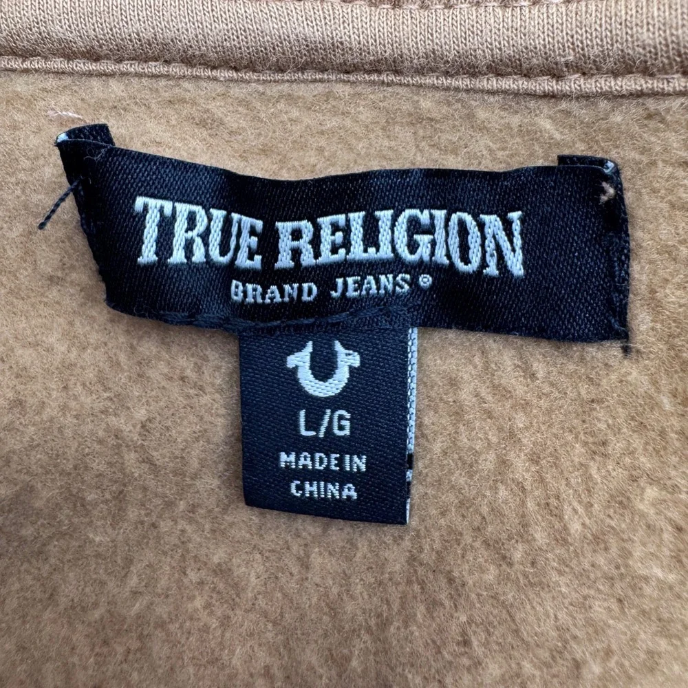 True Religion Zip Up Hoodie Mens Large Brown Buddha Graphic Contrast Stitching